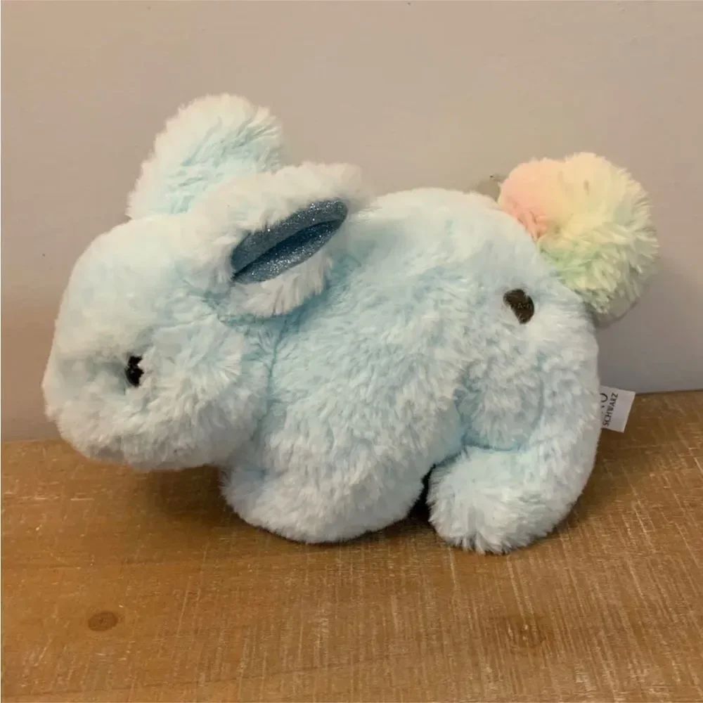 FAO Schwarz Plush Blue Bunny Soft Pastels Rainbow Tail Glitter Ears 8-9” NWOT